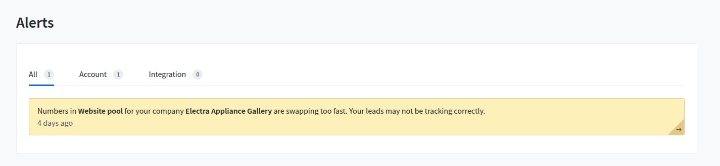 CallRail warning that Electra's website tracking pool was swapping too quickly and leads might not be tracked correctly.