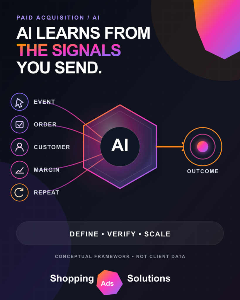 Five business signals - interaction, valid order, customer status, commercial value, and repeat value - flow into an AI decision system. Conceptual framework, not client data.
