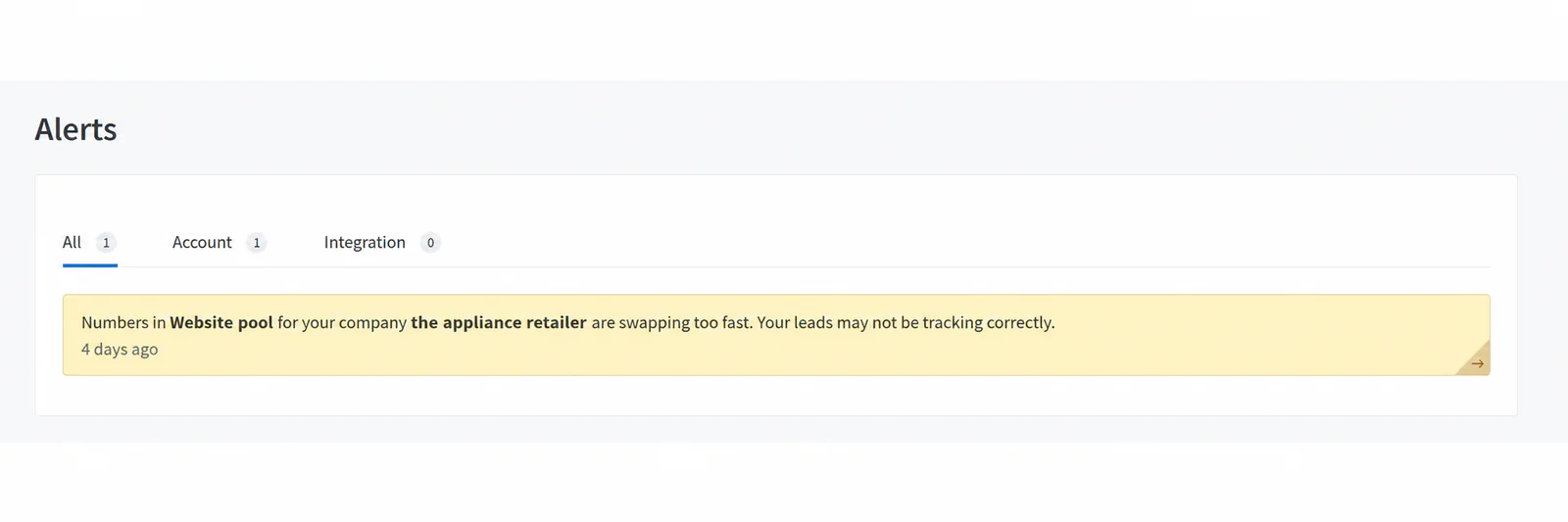 CallRail warning that the retailer's website tracking pool was swapping too quickly and leads might not be tracked correctly.