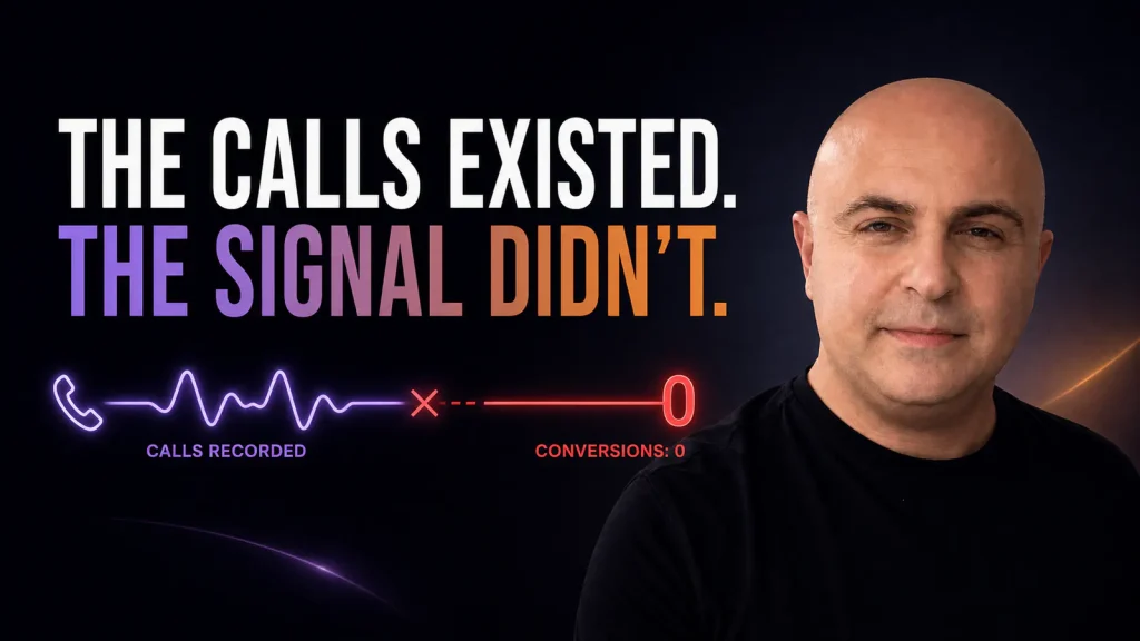 Michael Chachashvili beside a call signal that exists in CallRail but reaches Google Ads as zero conversions.