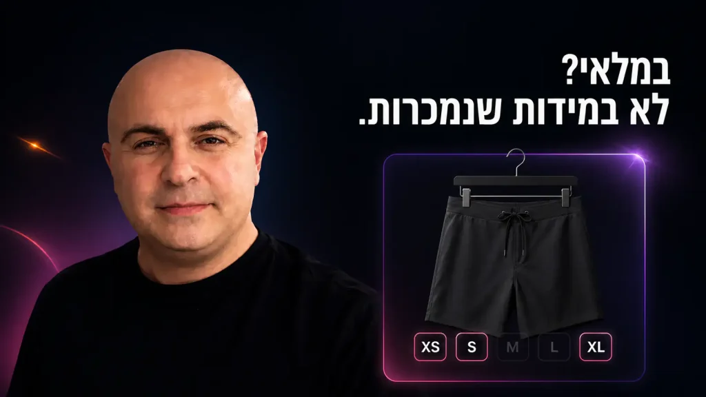 מיכאל צ׳צ׳שוילי לצד מכנסי גלישה שחורים שממשיכים להופיע במודעה אף שהמידות M ו-L אינן זמינות, עם כותרת עברית בעיצוב RTL.