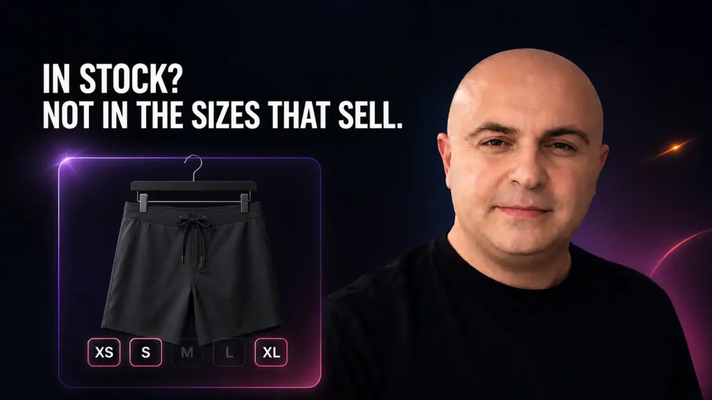 Michael Chachashvili beside advertised black board shorts whose M and L sizes are unavailable.