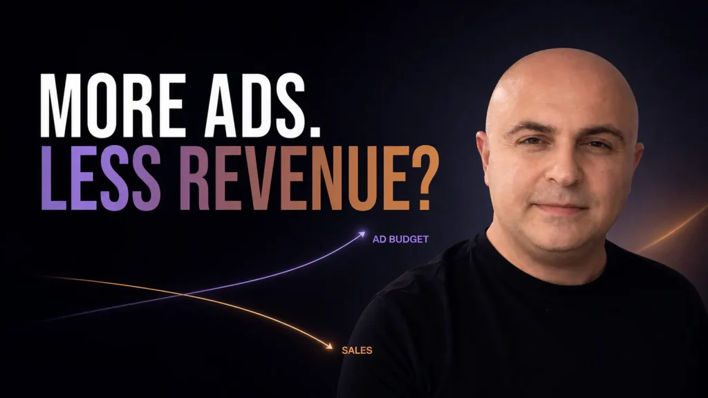 Michael Chachashvili beside two lines showing ad budget rising while sales fall.